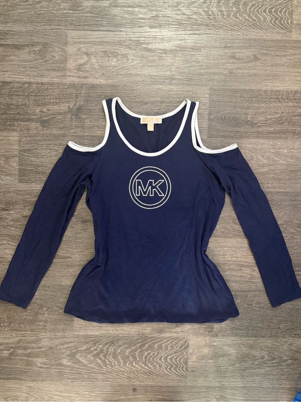 Michael Kors Navy Cold-Shoulder Long Sleeve Top with White Trim